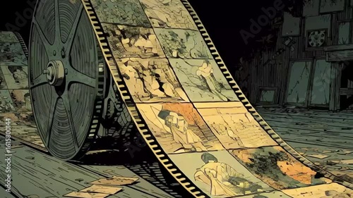 Vintage Film Reel with Illustrated Frames on Abandoned Wooden Floor