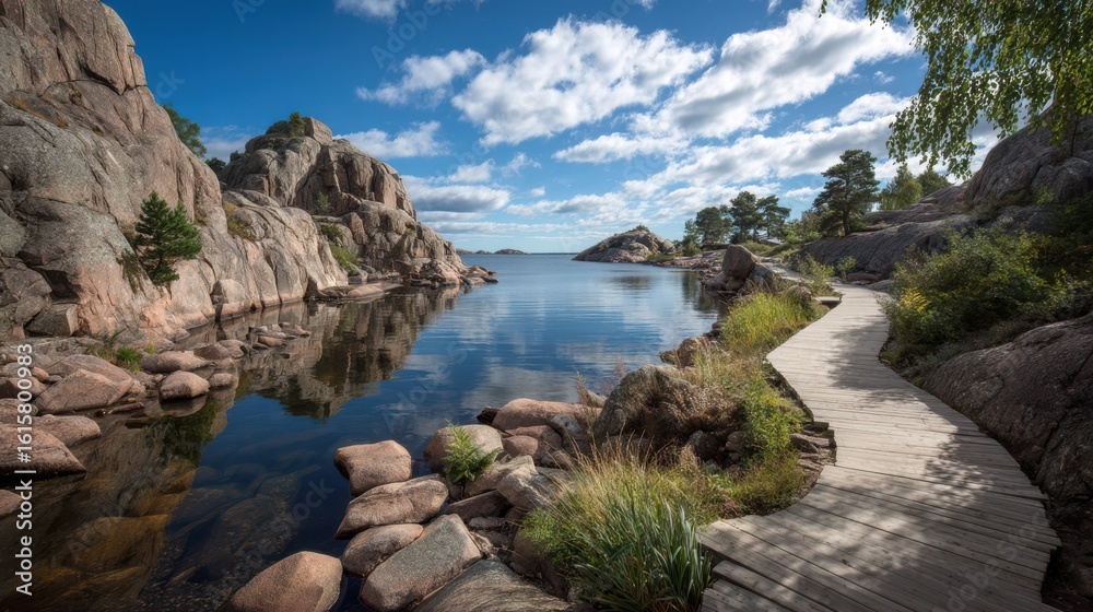 Fototapeta premium A wooden pathway extends along a serene lake, bordered by impressive rocky cliffs and green trees under a bright, blue sky with scattered clouds
