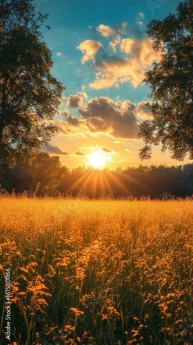 Golden Meadow at Sunset with Beautiful Sky and Sun Rays