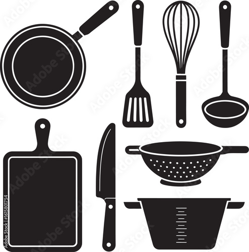 A collection of essential kitchen cooking utensils and tools displayed as black silhouettes against a white background showcasing a frying pan spatula whisk ladle cutting board knife colander.