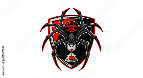 Black widow spider sports team logo with shield shape and glowing red hourglass