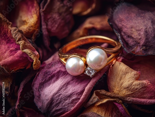 Gold Ring with Pearls and Diamond on Dried Rose Petals

