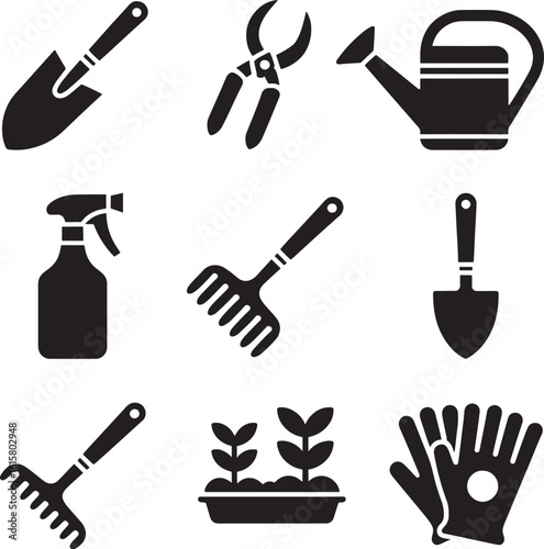 Collection of essential gardening tools and supplies depicted in a clean minimalist black silhouette style perfect for agricultural and horticultural themes silhouette