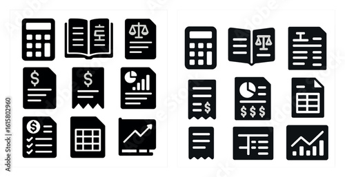 Set of black and white icons for various financial documents. The icons include a book, a calculator, a scale, and a dollar sign. Scene is professional and serious