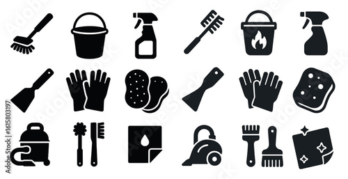 Collection of cleaning tools and supplies. The image is black and white. Scene is practical and utilitarian