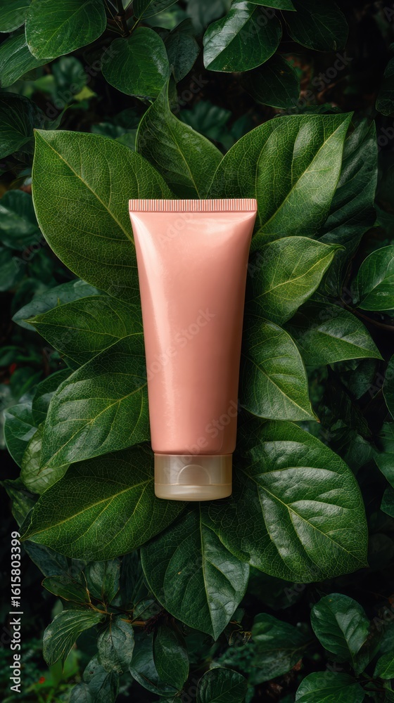 Fototapeta premium Natural beauty product tube nestled amongst lush green leaves
