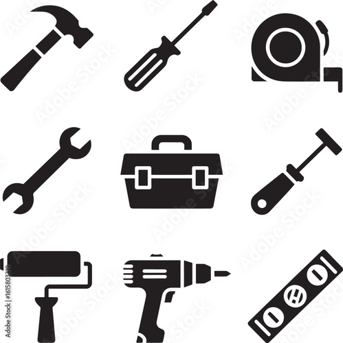 Collection of nine black tool icons in a silhouette style including a hammer screwdriver tape measure wrench toolbox paint roller drill and level perfect for diy and construction themes