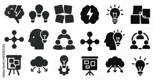 Collection of black and white icons that represent ideas and concepts. The icons include a light bulb, a person, a person with a light bulb, a person with a light bulb and a person with a light bulb
