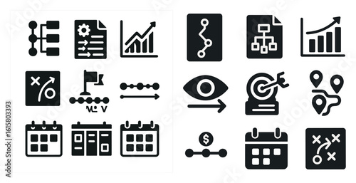 Collection of icons, including a calendar, a goal, a flag, and a dollar sign. The icons are all black and white, and they appear to be related to business or productivity