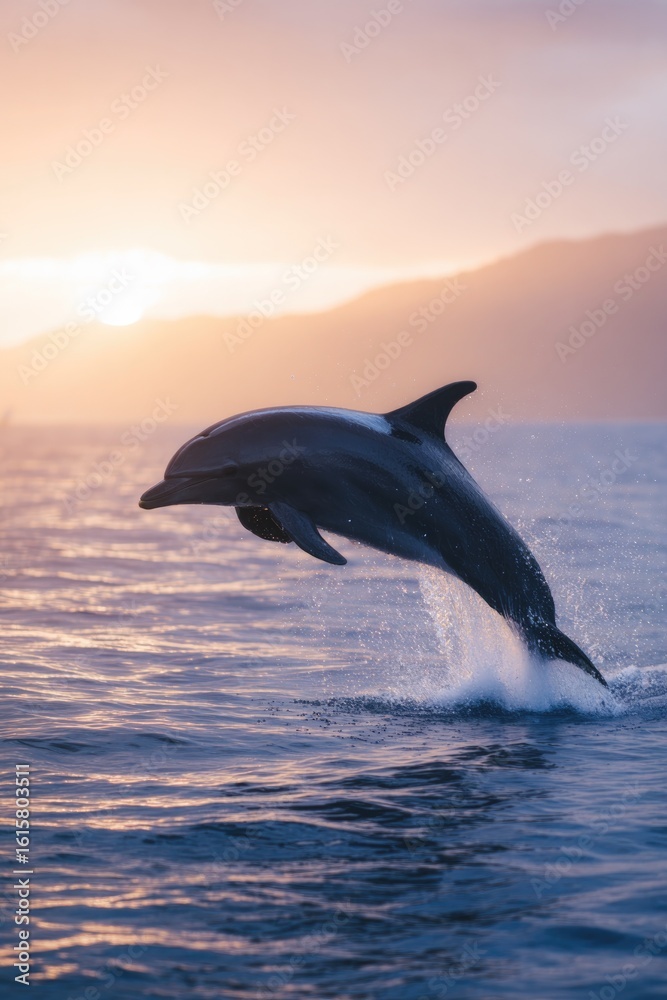 Fototapeta premium close-up of dolphin jumping above water horizon visible background sky softly lit