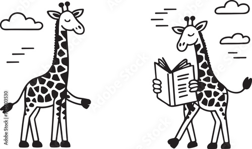 A collection of playful cartoon giraffes in various whimsical poses and scenarios showcasing their long necks and distinctive patterns in a charming silhouette style