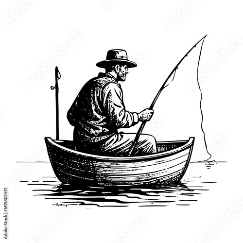 man fishing on boat sketch engraving black and white outline. Scratch board imitation.