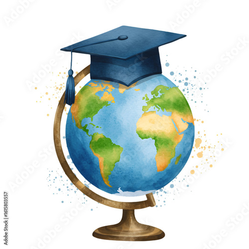 Watercolor Illustration Of Education World Globe With Graduation Cap