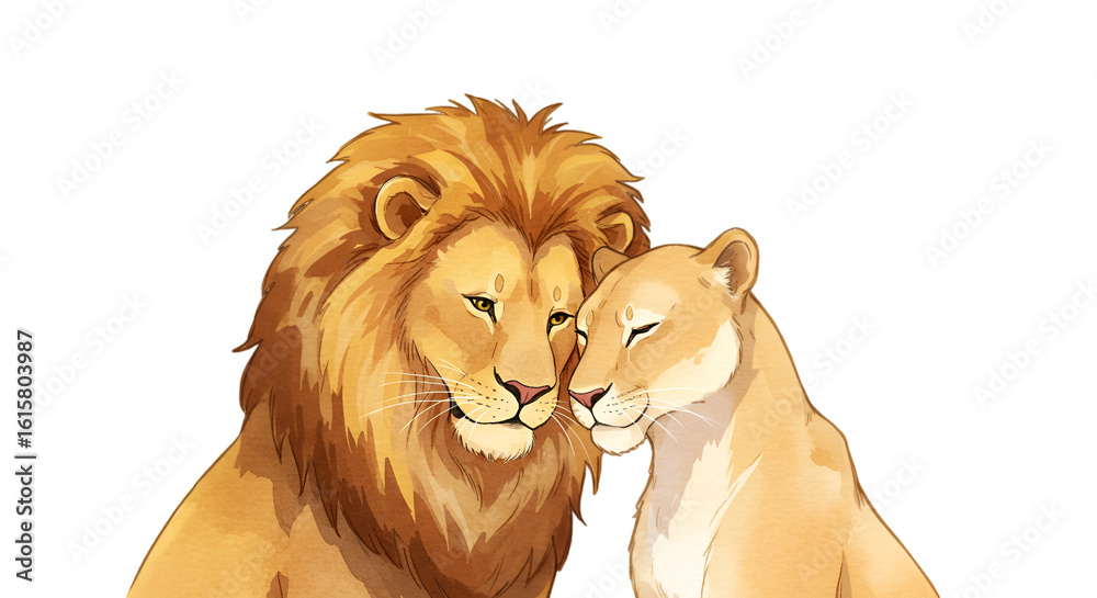 Obraz premium Watercolor Illustration Of Lion Couple In Love On Transparent Background