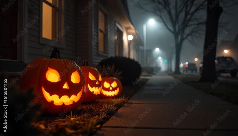 Obraz premium Three Jack-o'-Lanterns with carved spooky faces glowing on a porch in a suburban neighborhood on a foggy autumn night, illuminated by the soft light emanating from within.