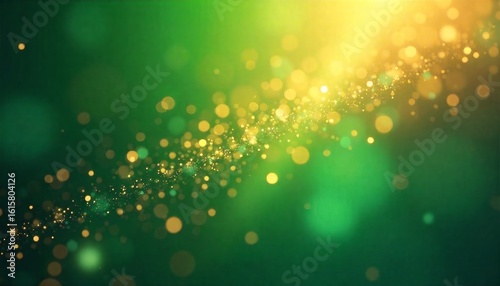 Magic glitter particles with golden shimmer, glowing rays, transparent sunlight shine, radiant flash, bokeh effect, PNG special white lens flare light effect on a vibrant green background.