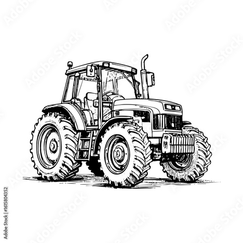Tractor on farm field engraving black and white outline. Scratch board imitation.  illustrated in vintage line art style on a white background.