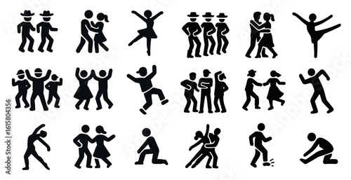 Collection of dance figures in various poses. Some are dancing, some are falling, and some are in the process of being helped up. Scene is energetic and lively