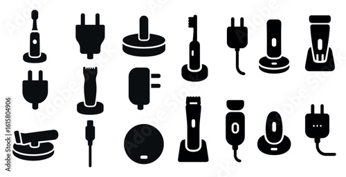 Collection of various electrical devices and accessories, including a toothbrush, hair dryer, and phone charger