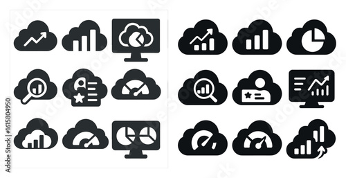 Set of icons for various cloud-based services. The icons are all black and white, and they include a computer monitor, a speedometer, and a radar. Scene is one of technology and innovation