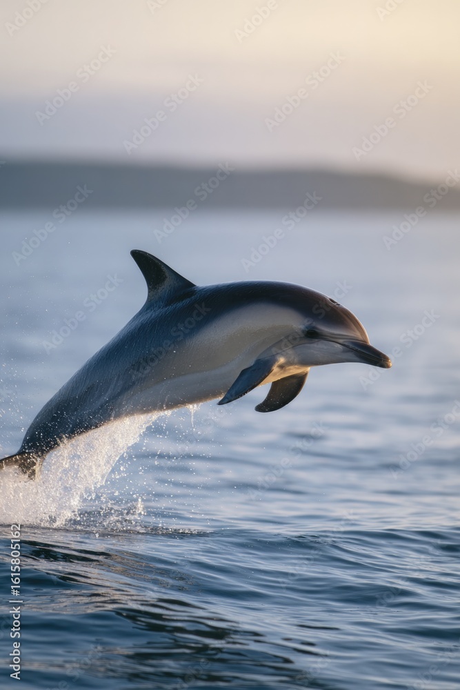 Naklejka premium close-up of dolphin jumping above water horizon visible background sky softly lit