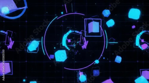 Dynamic holographic cubes and abstract geometric shapes in a futuristic digital interface environment