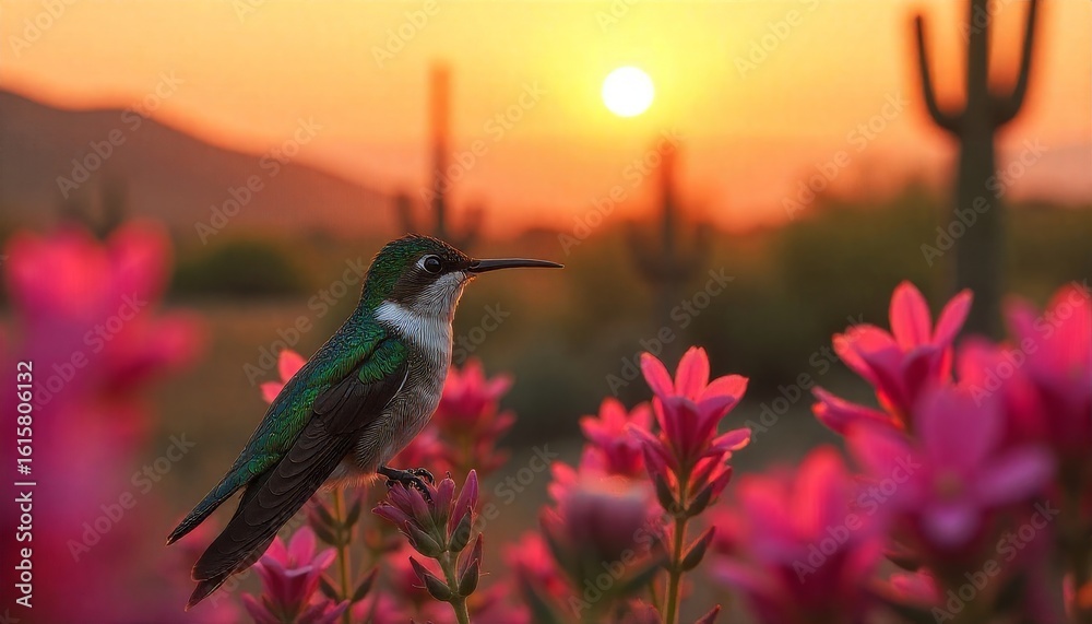 Fototapeta premium Hummingbird with iridescent feathers in a desert garden at sunset, with cacti silhouetted in the background.