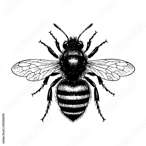 Bee engraving black and white outline. Scratch board imitation.  illustrated in vintage line art style on a white background.