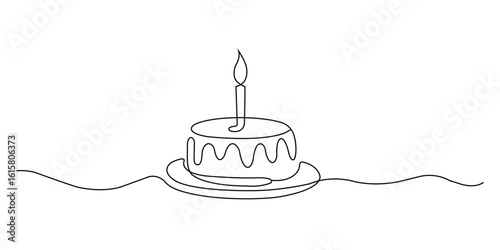 Birthday cake with candle in continuous line drawing, Celebration banner anniversary, Minimalist one-line birthday illustration of cake with frosting and candle