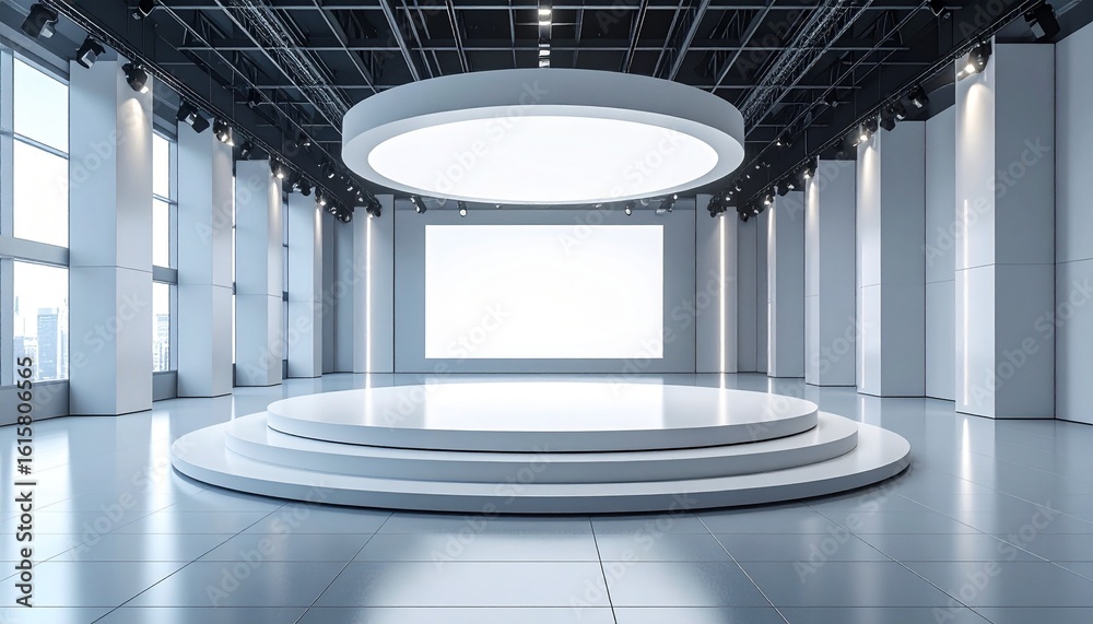Obraz premium Modern Minimalist Exhibition Hall Stage Design with Blank Screen.