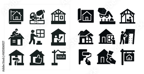 The first image shows a house under construction with a man in a hard hat. The second image shows a house under renovation with a man painting the house