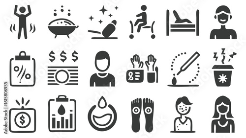 Collection of Health and Wellness Icons Featuring Different Medical and Lifestyle Treatments