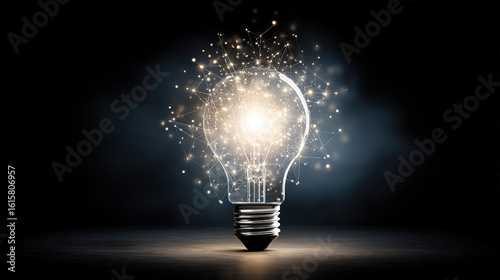 Abstract glowing light bulb symbolizing innovation against a dark atmospheric backdrop.
