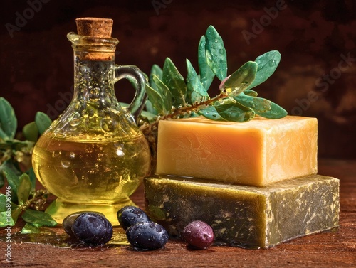 Rustic Still-Life of Olive Oil Bottles and Cheese Block on Wooden Table