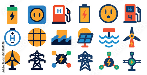 Collection of icons for various energy sources, including solar, wind, and hydroelectric power. The icons are arranged in a grid, with some overlapping and others standing alone