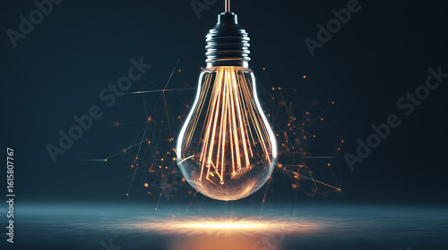 Abstract glowing light bulb symbolizing innovation against a dark atmospheric backdrop.
