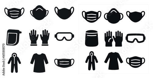 The image displays a variety of safety gear and protective clothing, including gloves, goggles, and masks. The collection is organized in a grid-like pattern, with each item clearly labeled