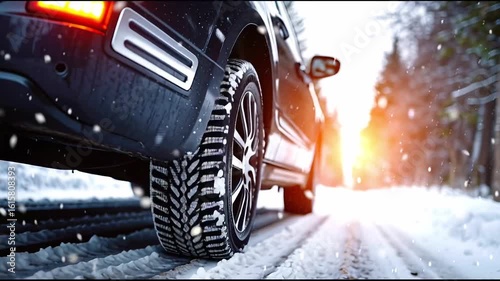 Cinematic shot of fresh, high-performance winter tires as a car navigates a snow-covered road.