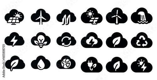 Collection of icons for various environmental issues. The icons include a wind turbine, a solar panel, a light bulb, a water droplet, a tree, a recycling symbol, and a sun
