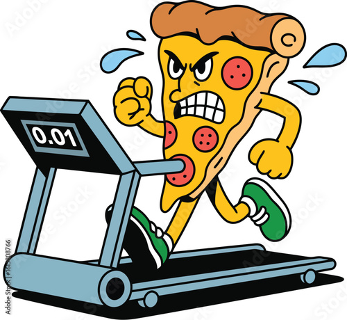 Angry pizza on a treadmill funny vector art
