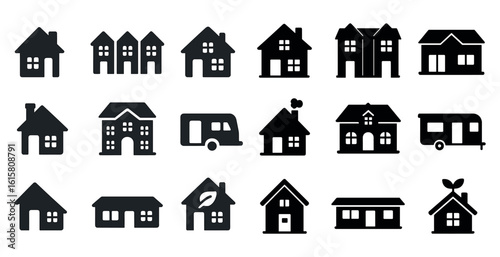 Collection of house and trailer icons. The house icons are all black and white, and the trailer icons are also black and white. The house icons include a variety of styles, such as a two-story house
