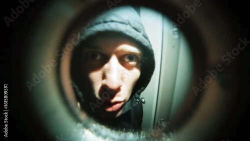 Scary dangerous person silhouette viewed through peephole. Privacy, security, curiosity. Suspicious neighbor peeping looking door peep hole. Thief, criminal looking closely, planning crime.