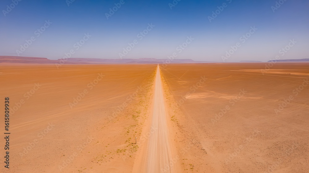 Fototapeta premium Endless desert highway disappearing into the horizon under a clear blue sky