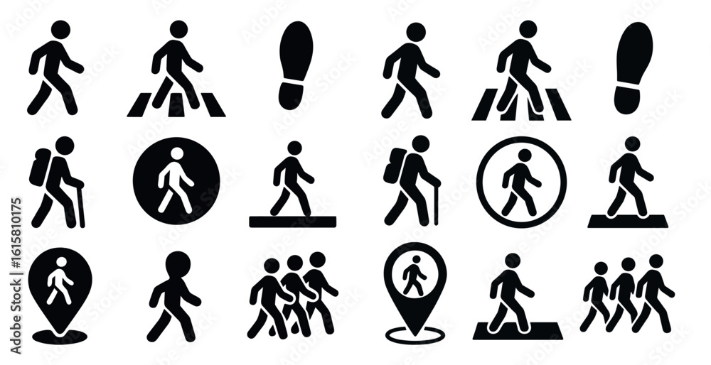Naklejka premium Collection of black and white icons of people walking, including a person with a cane. The icons are arranged in a grid, with some icons overlapping each other. Scene is one of movement and activity