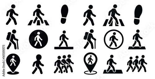 Collection of black and white icons of people walking, including a person with a cane. The icons are arranged in a grid, with some icons overlapping each other. Scene is one of movement and activity
