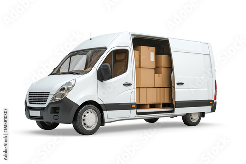 White delivery van full of cardboard boxes parked with open doors