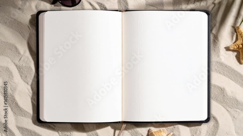 Summer vacation concept with an open blank notebook mockup on a sandy beach. Top view, flat lay scene with sunglasses, starfish, seashell, and tropical palm leaf shadow. Perfect for travel diary.