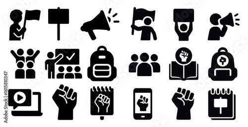 Collection of black and white icons that represent various social and political issues. The icons include a person holding a sign, a person with a backpack, a person with a book