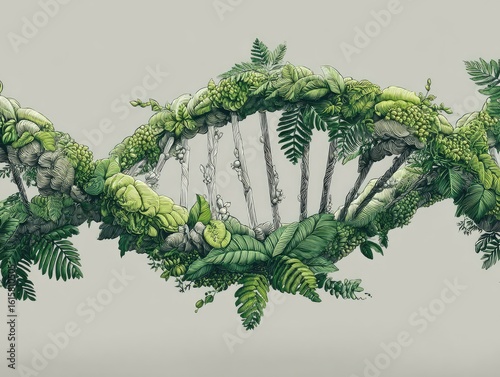 Surreal DNA Helix with Growing Trees and Lush Greenery in Nature-Inspired Composition