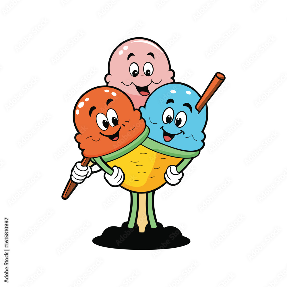 Naklejka premium Playful cartoon ice cream character with three colorful scoops in a delicious dessert concept